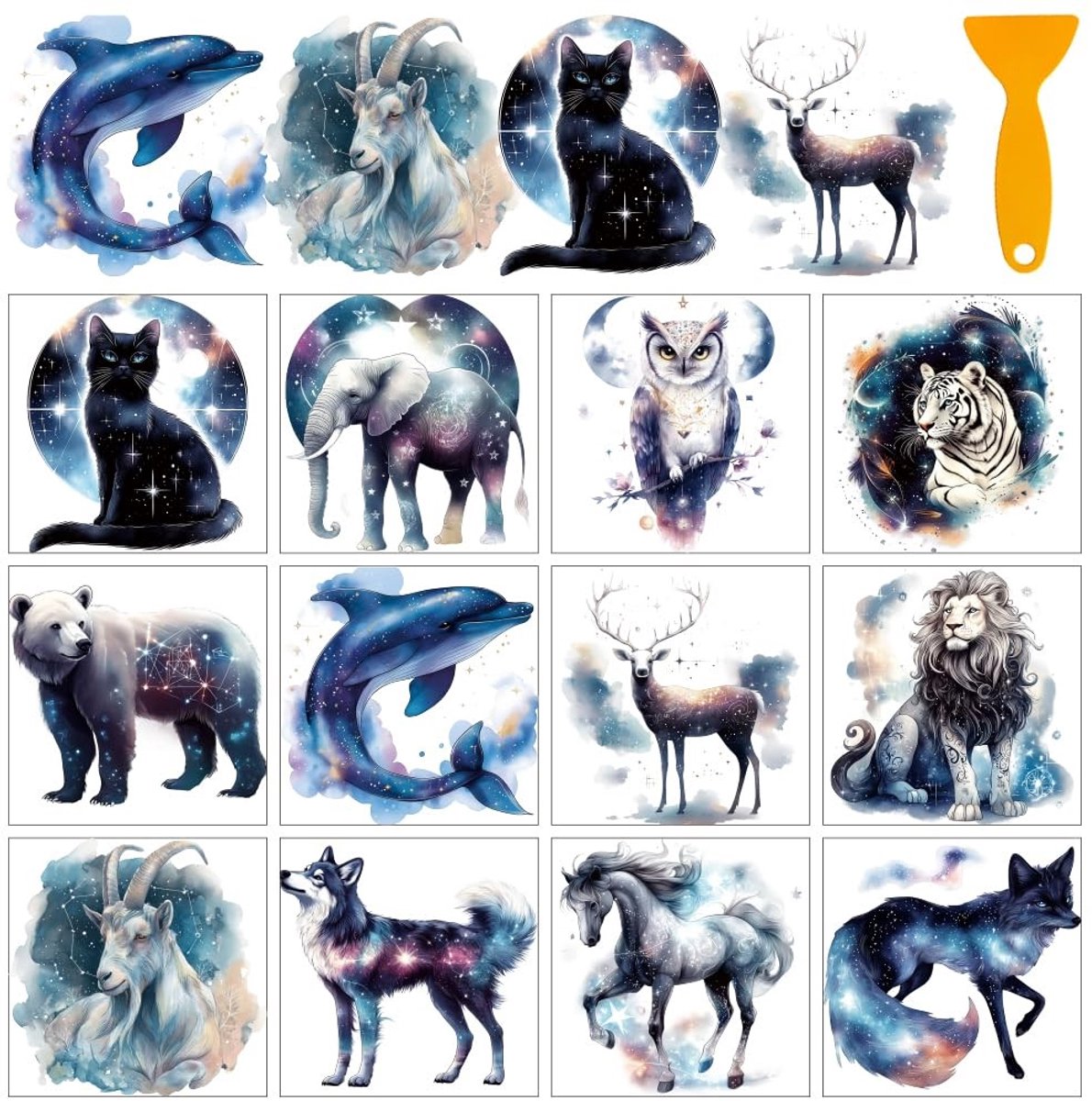 Dailygoods- Dierenstickers 12 Vellen - Lichtgevende Kat/Uil/Olifant - Transferstickers voor Raampapier - Woondecoratie - Dierenriem Stickers - Muursticker