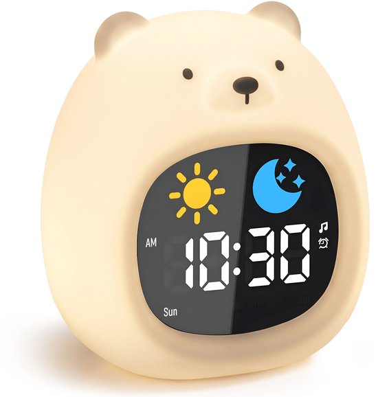 Wit berenwekker met digitale tijd, zon/maan-indicator en batterij-indicator.