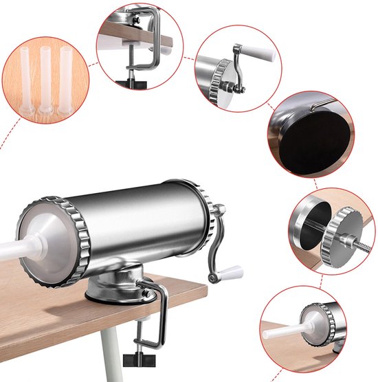 Professionele worstmachine - Uitgerust met 3 spuitmonden - Handmatige worstvuller - Vleesvuller - Voedselveilig - Geschikt voor zelfgemaakte worsten en vleesvulling - Vuller van aluminiumlegering - 1,4 kg - Roestvrij staal - Zilver — afbeelding 3