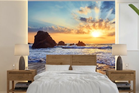 Behang - Fotobehang Strand - Zonsondergang - Natuur - Zee - Landschap - Breedte 240 cm x hoogte 240 cm