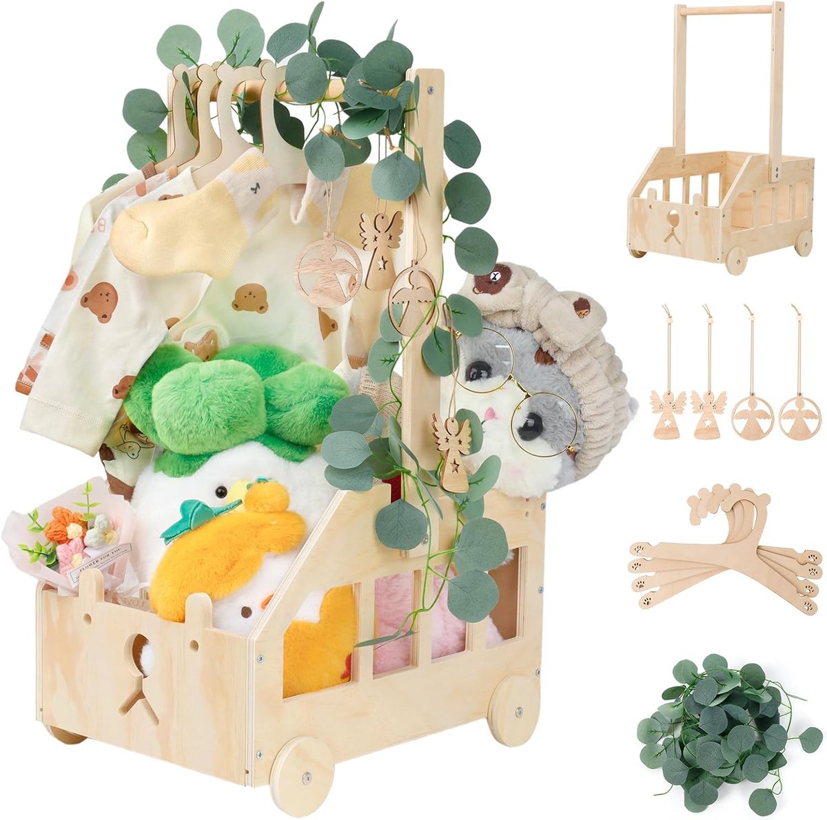 Shower Gifts met Handvat Houten Baby Mand Babymand met Houten Wielen Cadeaumand voor Baby met Decorbladeren Houten Kleerhanger en Engel-Tag 25 * 35 * 37.5cm