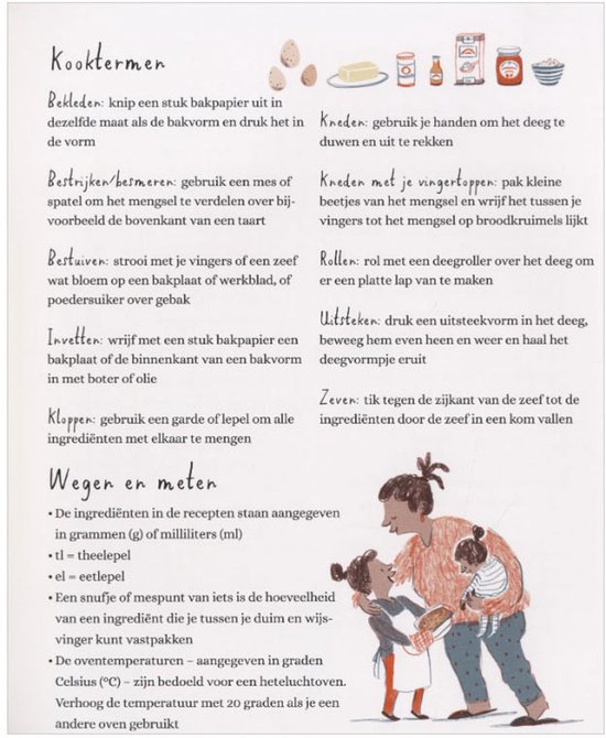 Illustraties van kooktermen en maten, met een tekening van een vrouw die twee kinderen helpt met koken.