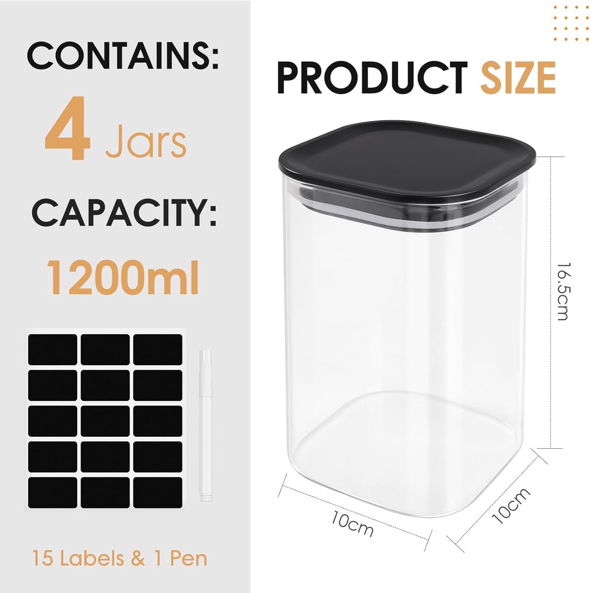 Set van 4 voorraadpotten met deksel, 1,2 l voorraaddozen, glas, vierkant, luchtdicht voorraadglas met zwart deksel, glazen container, opbergpotten voor keuken, pasta, pasta, meel, bonen — cadeau in Wonen & Interieur - foto 7