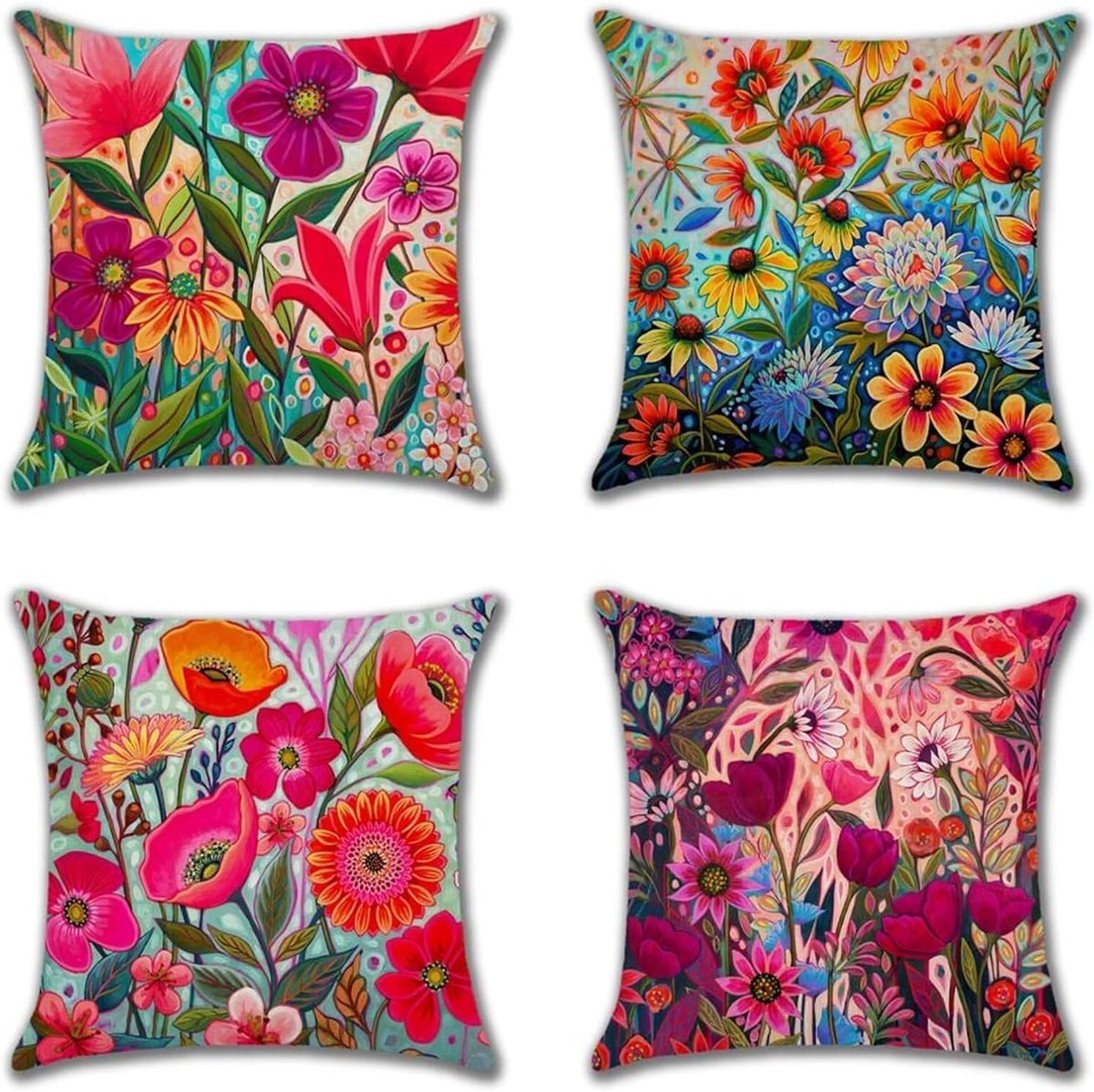 Kussenslopen 40x40cm, set van 4 linnen kleurrijke bloemen kussenslopen, bankkussens, decoratieve kussens voor woonkamer, slaapkamer, terras, tuin, auto en wooncultuur