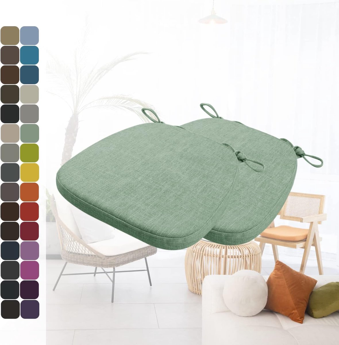 Set van 2 stoelkussens met banden, comfortabel, wasbaar, antislip, ideaal voor thuis en tuindecoratie, keuze uit vele kleuren en maten (40 x 38 x 3 cm, groen)