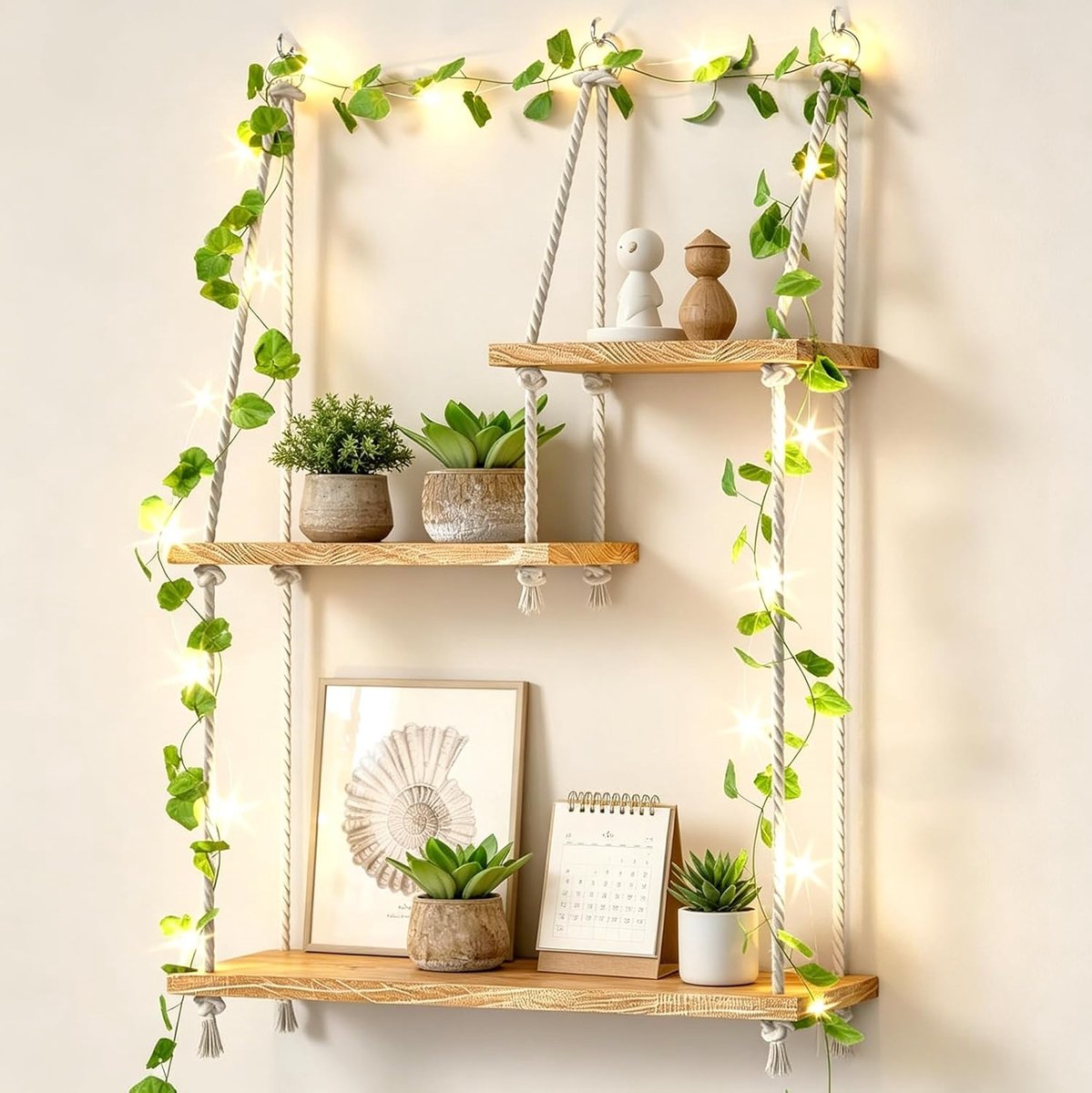 Wandrek met 3 niveaus van hout, macramé, wandophangrek met ranken voor vetplanten, boeken, decoratie voor boho, wanddecoratie, woonkamer, keuken, kantoor