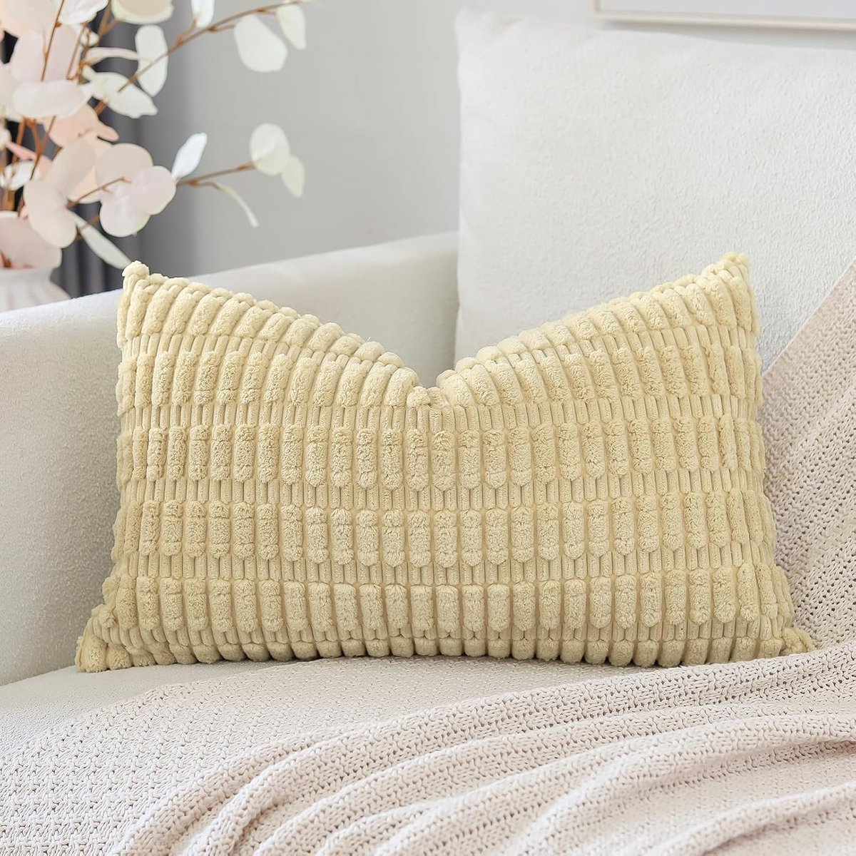 Corduroy set van 1 kussenhoes 40 x 60 cm, super zachte, boho, gestreepte lendenkussenhoezen, decoratieve moderne kussenslopen voor bank, slaapkamer, auto, decoratie beige