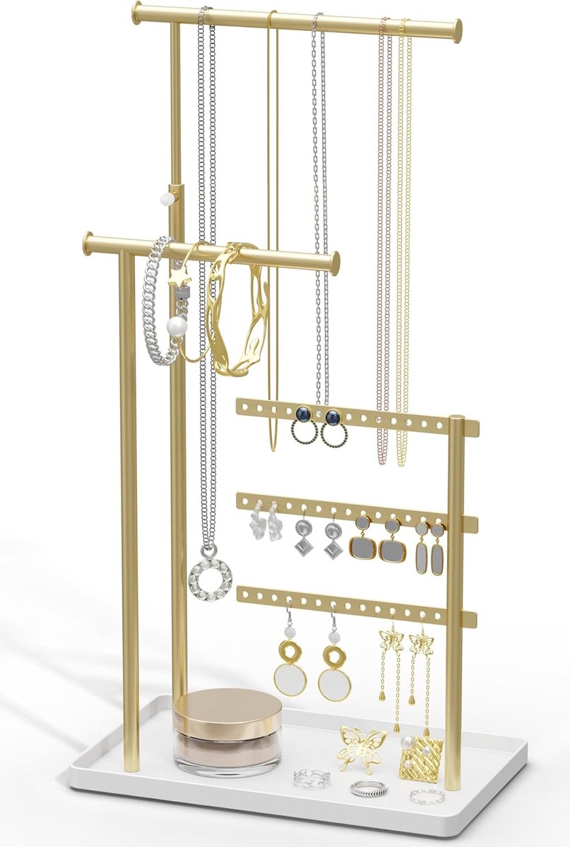 sieradenorganizer - 3-laags sieradenstandaard, sieradenopberger voor oorbellen, armbanden, kettingen, decoratief esthetisch accessoire voor de kaptafel, verstelbare hoek en hoogte 37 cm (max.)