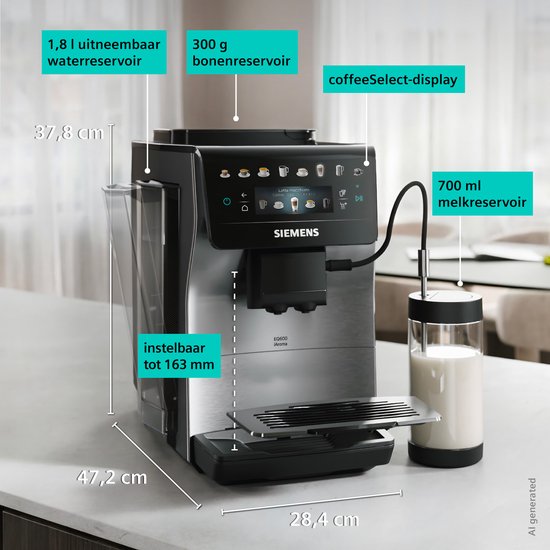 Zilverkleurige Siemens EQ600 iAroma volautomaat met 1,8L waterreservoir, 300g bonenreservoir en 700ml melkreservoir.