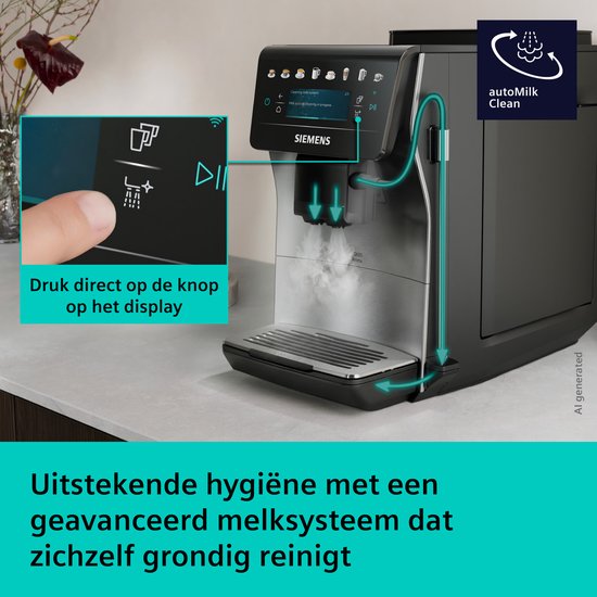 Siemens volautomaat espressomachine: reiniging melksysteem, met aanraken van knop en stoomontwikkeling.