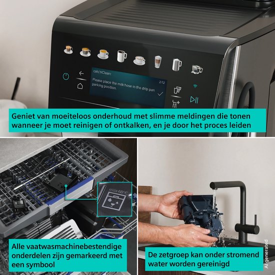 Siemens volautomaat espressomachine: vaatwasserbestendige onderdelen en reinigen zetgroep.