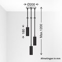 Schematische tekening van een hanglamp met drie cilinderlampen, Ø200mm, max. 1200mm hoogte, 180mm lamp hoogte.
