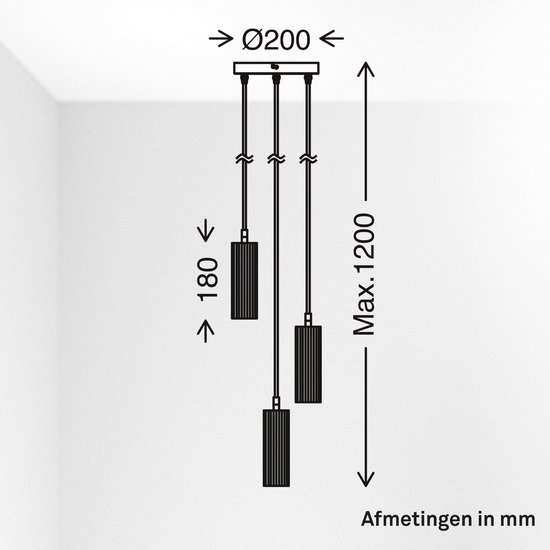 Schematische tekening van een hanglamp met drie cilinderlampen, Ø200mm, max. 1200mm hoogte, 180mm lamp hoogte.