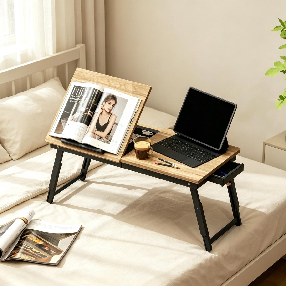 MIVRAY Bedtafel – Verstelbare En Kantelbare Laptoptafel – 83,5 x 33 x 23,5-34 cm – Bamboe En MDF – Zwart En Eiken – Opklapbaar Met Lade