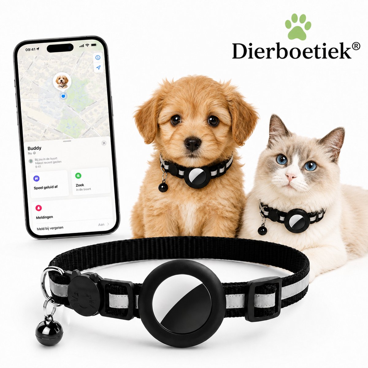 Dierboetiek® Apple/iOS Tag kattenhalsband inclusief Tag - Kat Tracker Voor Apple Zonder Abonnement - Verstelbare Kattenhalsband voor Kat & Puppy - Met Geluidssignaal - Zwart