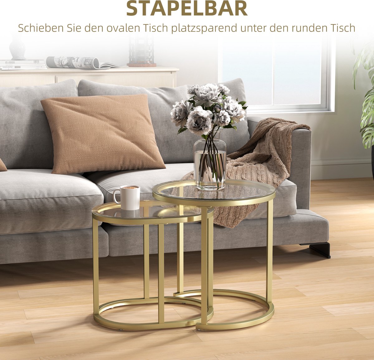 DESMIU Salontafel Set - Stapelbare Bijzettafels Van 2 Met Glasblad En Verstelbare Voeten - Voor Woonkamer - Goud - 50 X 50,5 En 60 X 36 X 43,5 Cm