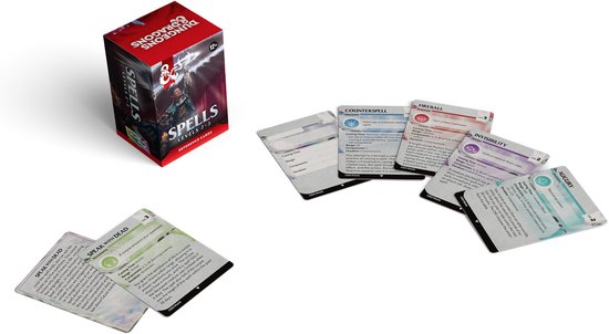 Doos met D&D Spells Level 2-3 kaarten, met spreukkaarten, statblokkaarten en een instructiekaart.
