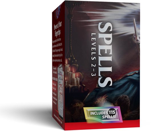 Doos met D&D Spells Level 2-3 kaarten, met op de voorkant een tovenaar die een zwaard omhoog houdt in een donkere kamer.