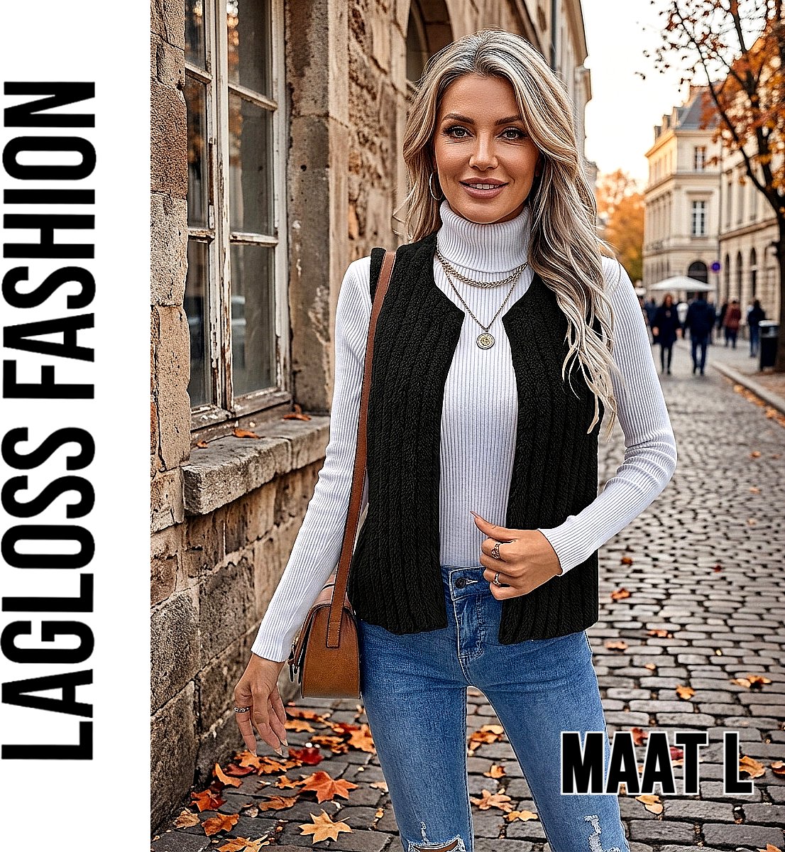LaGloss® Dames Zwart Pluche Gilet – Warm Jacquard Vest zonder Mouwen – Casual Herfst- en Winter Vestjas met Ribbelstructuur - Maat L