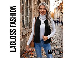 LaGloss® Dames Zwart Pluche Gilet – Warm Jacquard Vest zonder Mouwen – Casual Herfst- en Winter Vestjas met Ribbelstructuur - Maat L