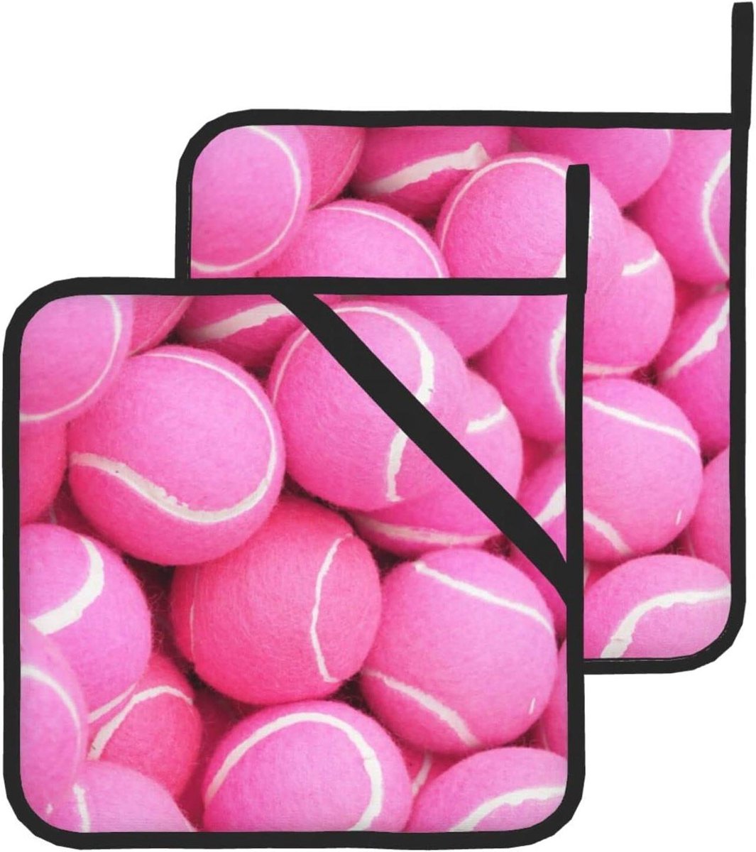 Pannenonderzetters Set - Potrekjes Hittebestendig - Keuken Beschermen - Tennisbal Print - 20.5 x 20.5 cm - Felroze