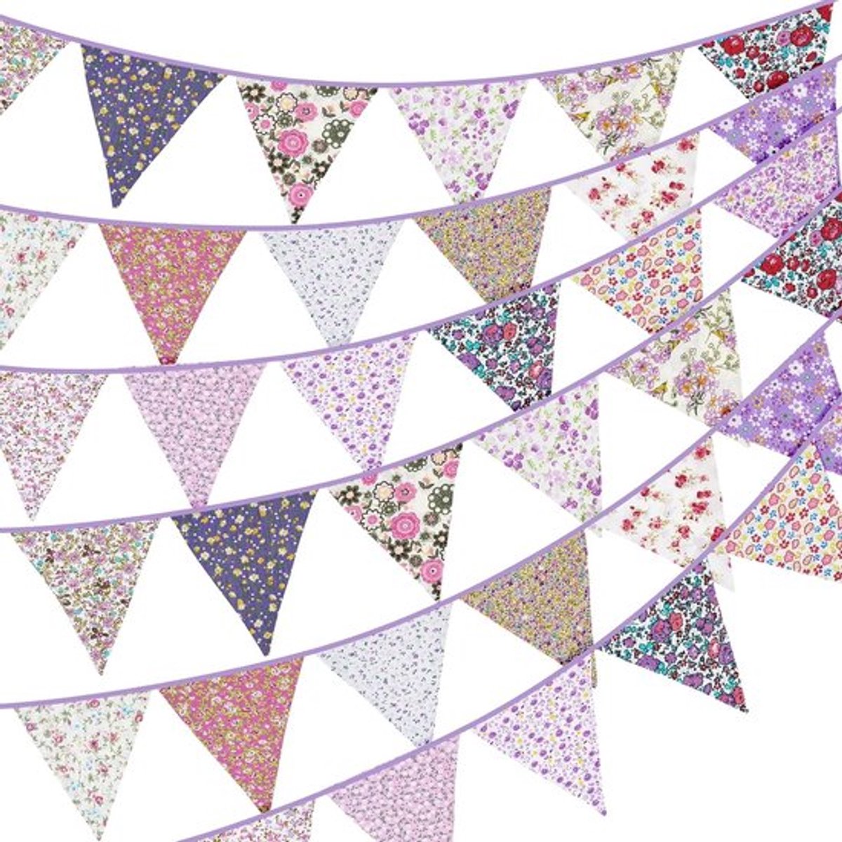 36-delige Dubbelzijdige Stoffen Bunting, 10m Paars Bloemig Katoenen Banner, Herbruikbare Grote Driehoekige Garland voor Feestdecoratie Binnen en Buiten