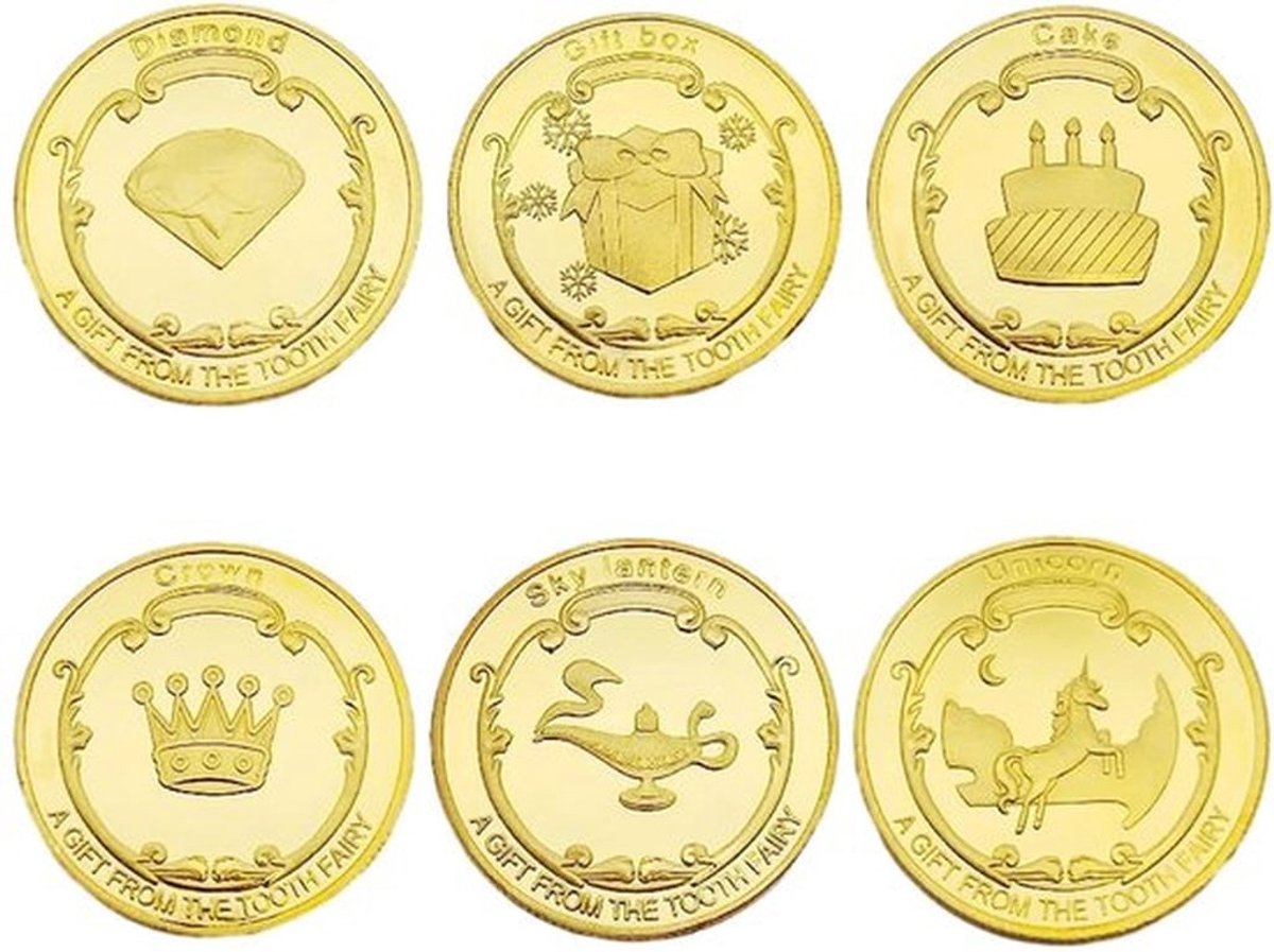Tandfee Munt 6 Stuks - Gouden Munten - Kindertandfee - Acryl Doos - Verzamelen/Souvenir - Hoogwaardige IJzerlegering - Verzamelmunten