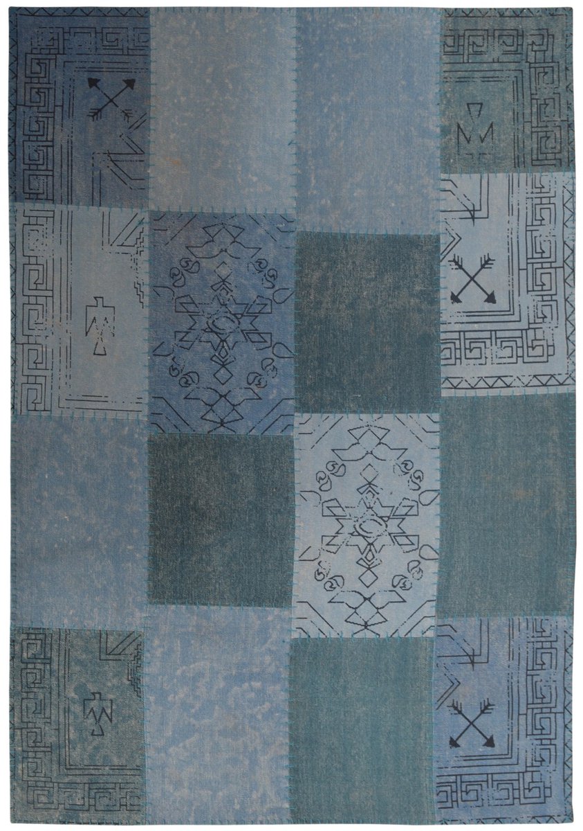 Padiro laagpolig vloerkleed 160 x 230 cm - multi / blauw - patchwork design - met grote rechthoekige vlakken en vintage ornamenten - geschikt voor vloerverwarming - van katoen