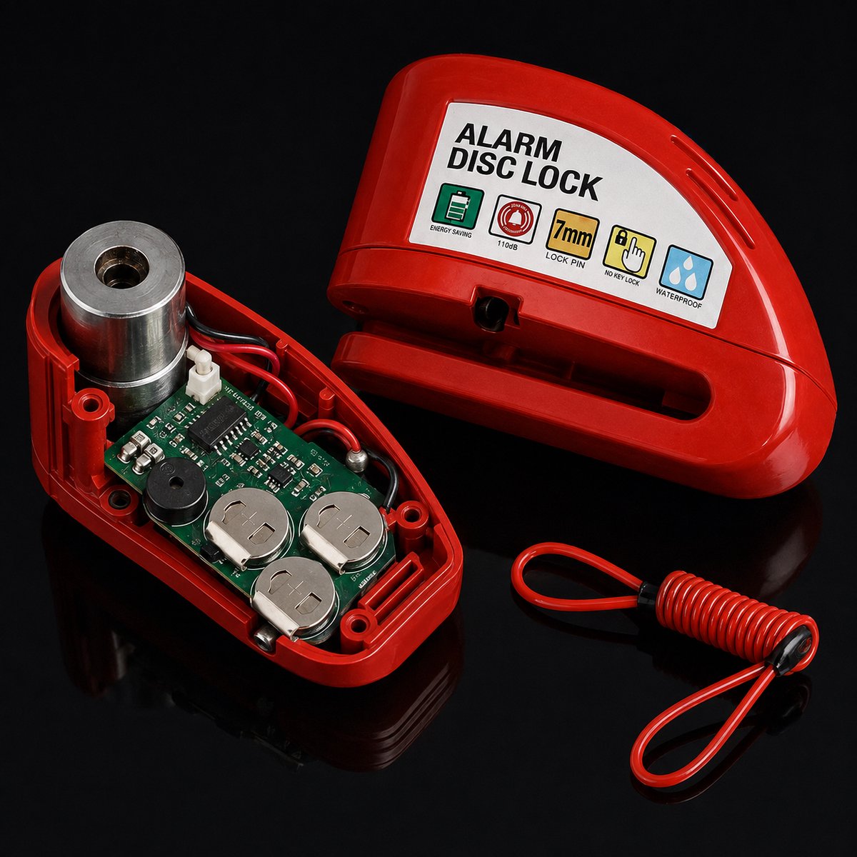 Home & Marker – Alarmschijfremslot met Alarm 110 dB – Motorslot & Scooterslot – Waterdicht Remschijfslot voor Motor, Scooter & Fiets – Rood – ALERTOLOCK – foto 2