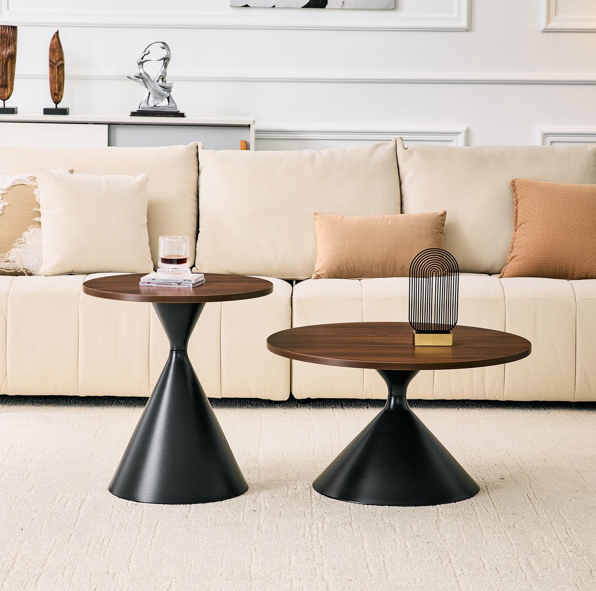 Wishdor Ronde salontafel set van 2 - Nestbaar - Walnootlook - zwart metaal - Modern ontwerp - Voor woonkamer, slaapkamer en kantoor