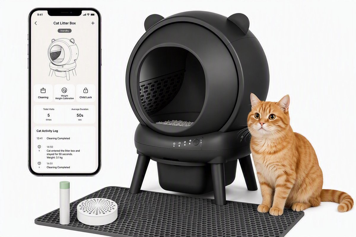 Nutrella Zelfreinigende kattenbak - Lekvrij- Driedubbele geurbestendigheid - Veilig- App-gestuurd - Zwart - 65L