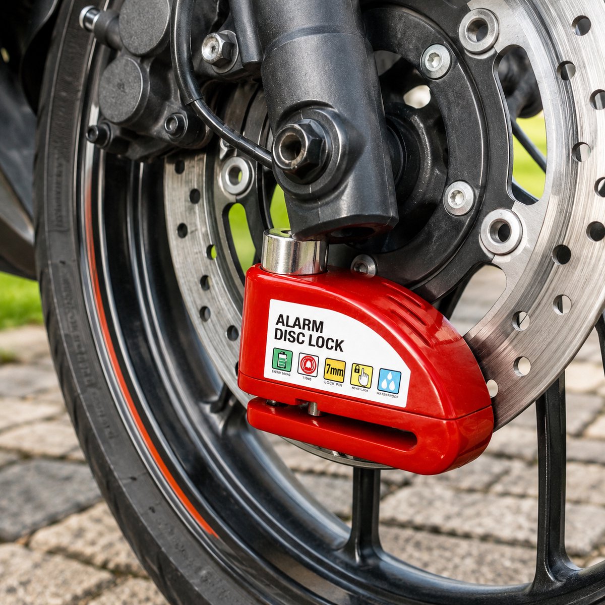 Home & Marker – Alarmschijfremslot met Alarm 110 dB – Motorslot & Scooterslot – Waterdicht Remschijfslot voor Motor, Scooter & Fiets – Rood – ALERTOLOCK – foto 6