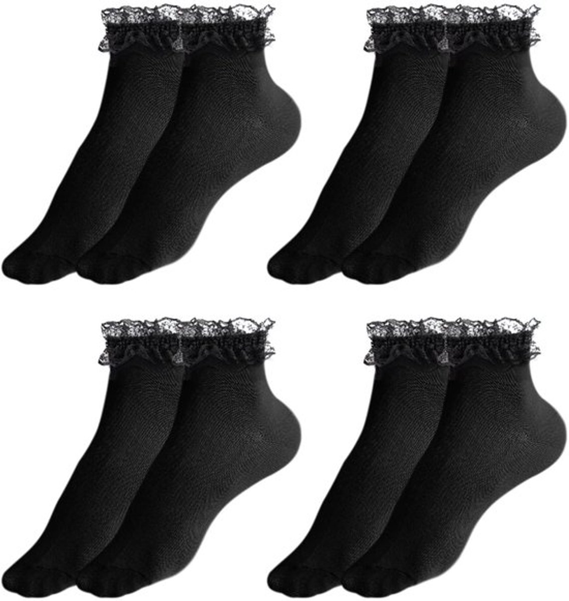 Enkelsokken 4 Paar Zwart - Dames Sokken - Katoenen Sokken - Kantontwerp - Comfortabele Sokken - Ademend Materiaal