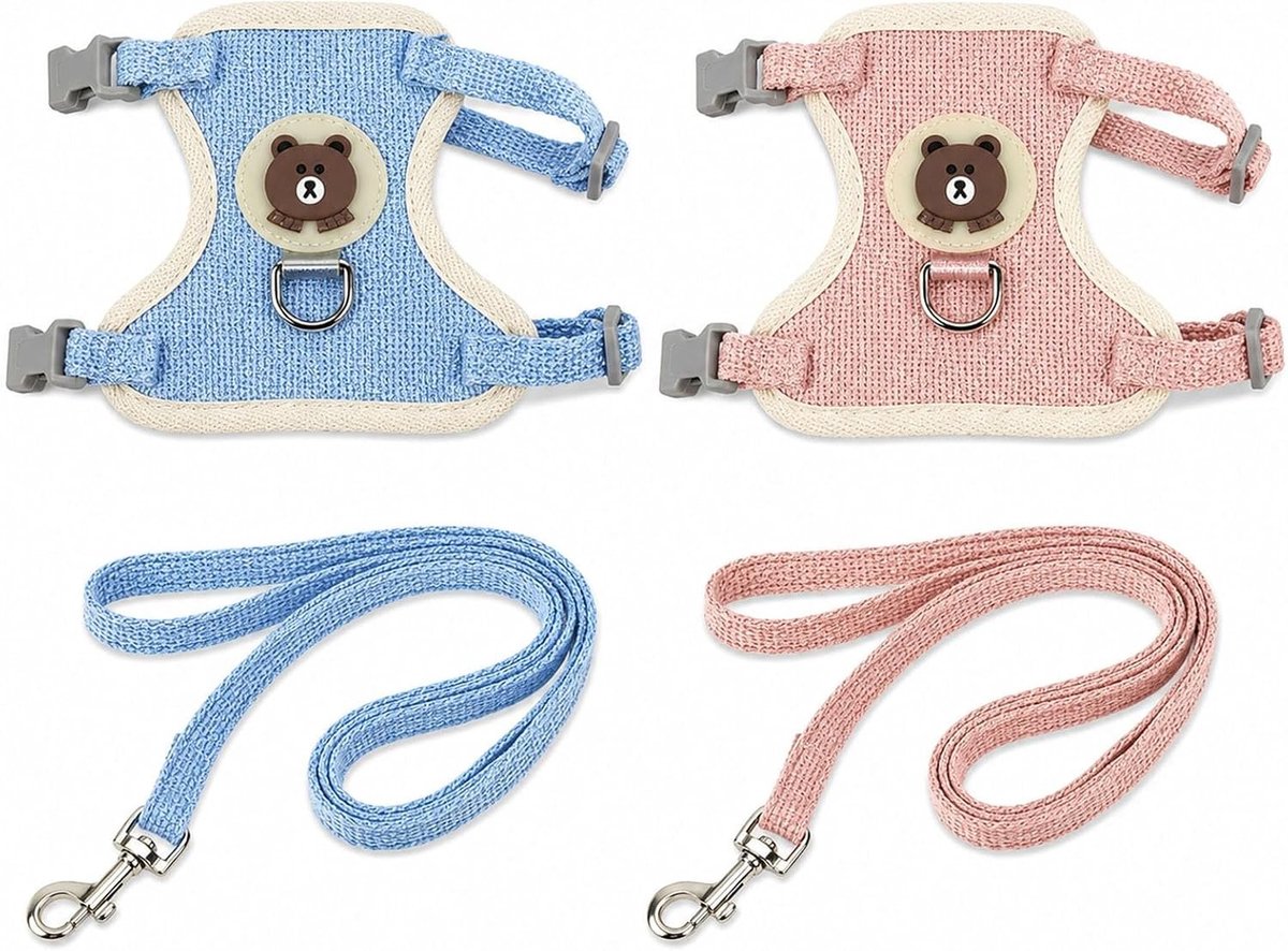 Verstelbare konijnenlijn van 120 cm, ademend en zacht konijnenharnas, ontsnappingsbestendig voor dwergkonijnen, katten en puppy's in blauw en roze, set van 2 stuks