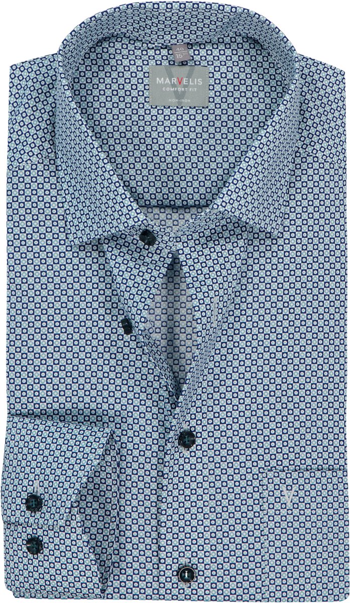 MARVELIS comfort fit overhemd - popeline - wit met donkerblauw en groen dessin - Strijkvrij - Boordmaat: 41 (EU maat: L)