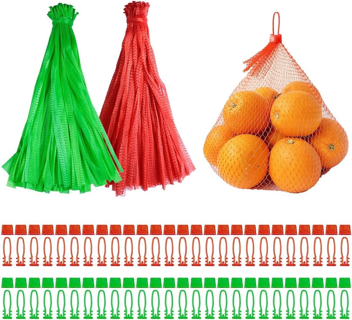 Herbruikbare mesh groentezakken, 200 stuks, 15,7 inch, ideaal voor groenten, fruit en zeevruchten, met knopen en ademend gaasmateriaal