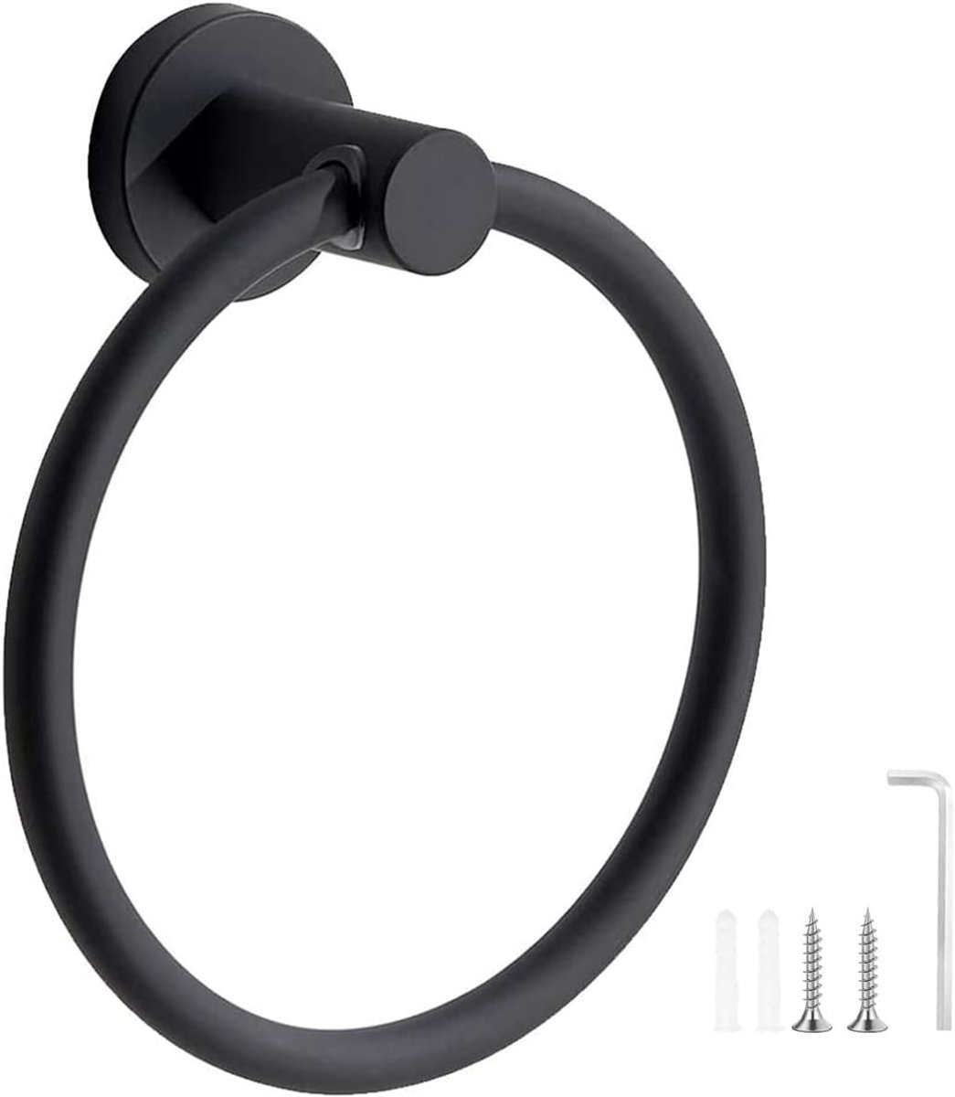 Handdoekhouder - Zwart - 16 cm - Roestvrijstalen Handdoekring met Wandmontage - Voor Badkamer en Keuken