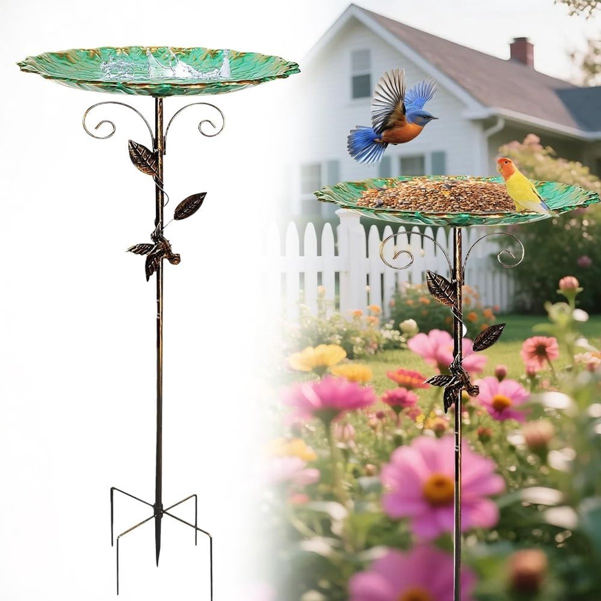 Stijlvol metalen vogelbad voor de tuin, winterbestendig waterbad voor wilde vogels, vogelvoederdispenser en vogelbak