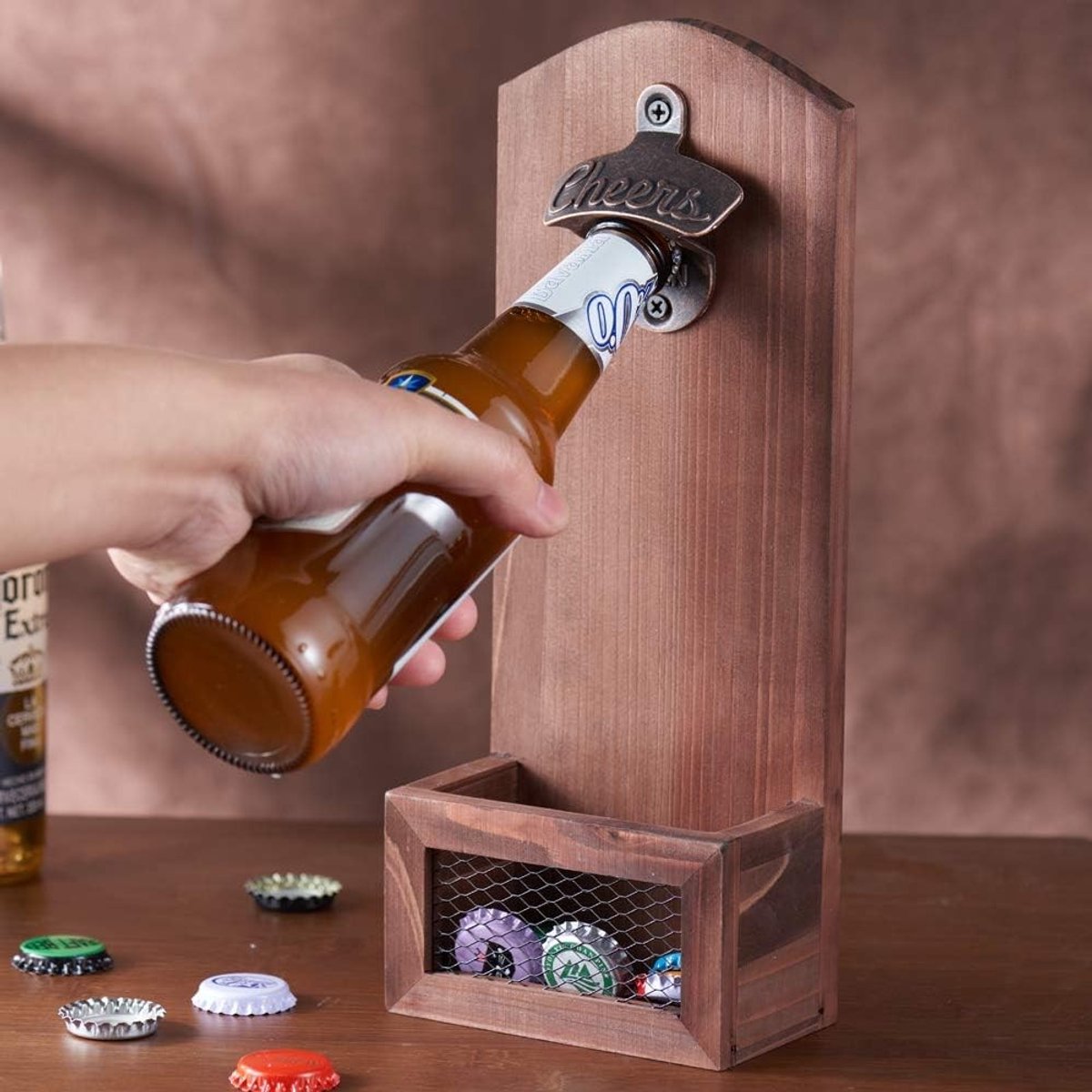 Flesopener - Vintage - Houten Wandmontage met Cap Collector Catcher - Voor Bierliefhebbers en als Cadeau