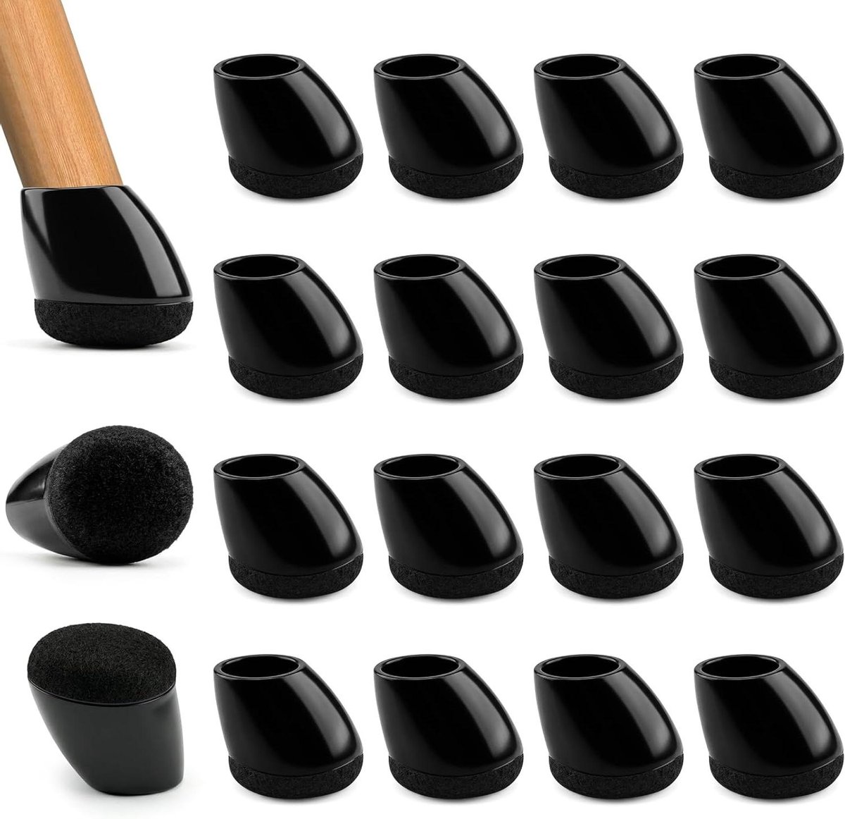 Stoelpootdoppen Rond - Stoelsokken Vilt - Vloer Beschermen - Voor Schuine Poten - 16 Stuks - Zwart