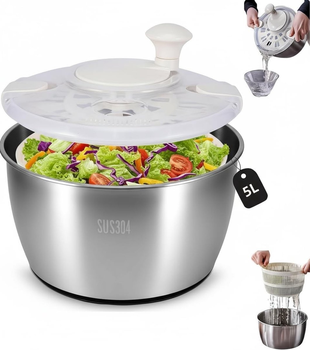Strandmat met rugleuning - Roestvrij staal - 5 liter - Slacentrifuge met deksel en antislip bodem - Voor het wassen en afdruipen van salade en pasta