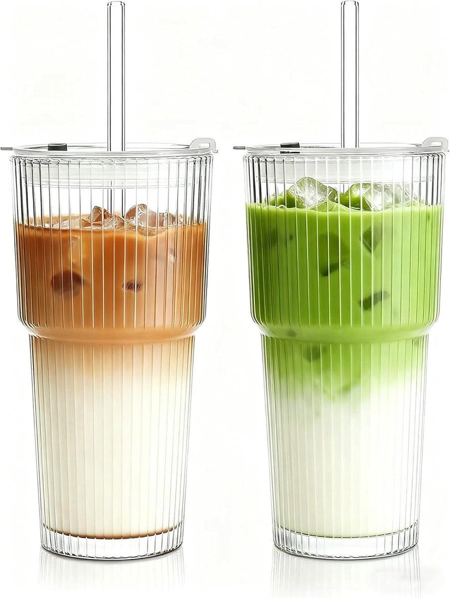Ijskoffie glazen - Transparant - 600 ml - Geribbelde glazen met deksel en glazen rietje - Voor koude en warme dranken