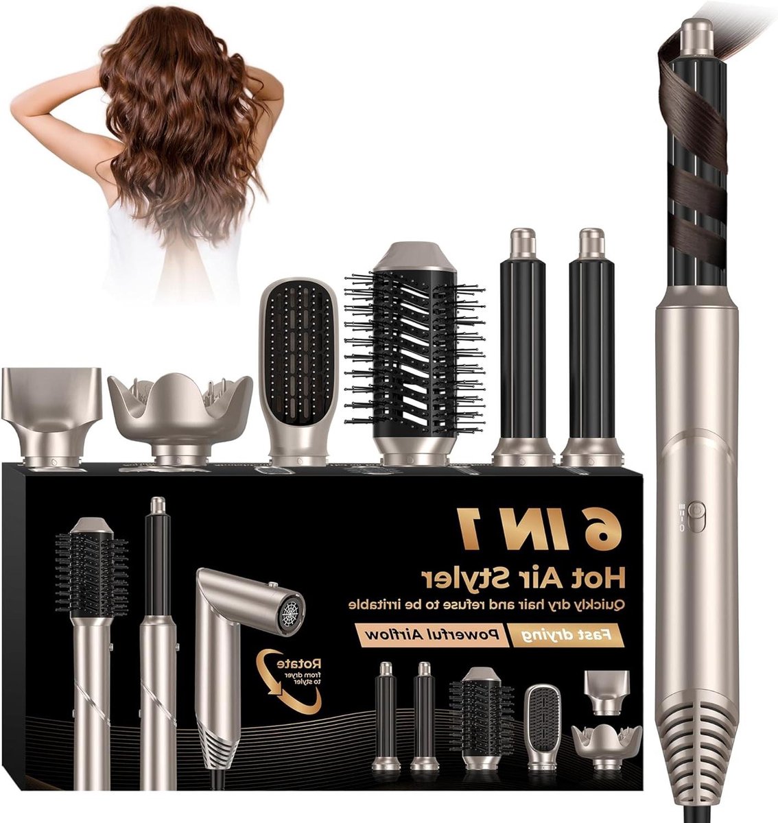 Haarstyler 6-in-1 - Bladblazer Borstel Krultang - Haar Stylen - Ionische Technologie - 1000W - Goud
