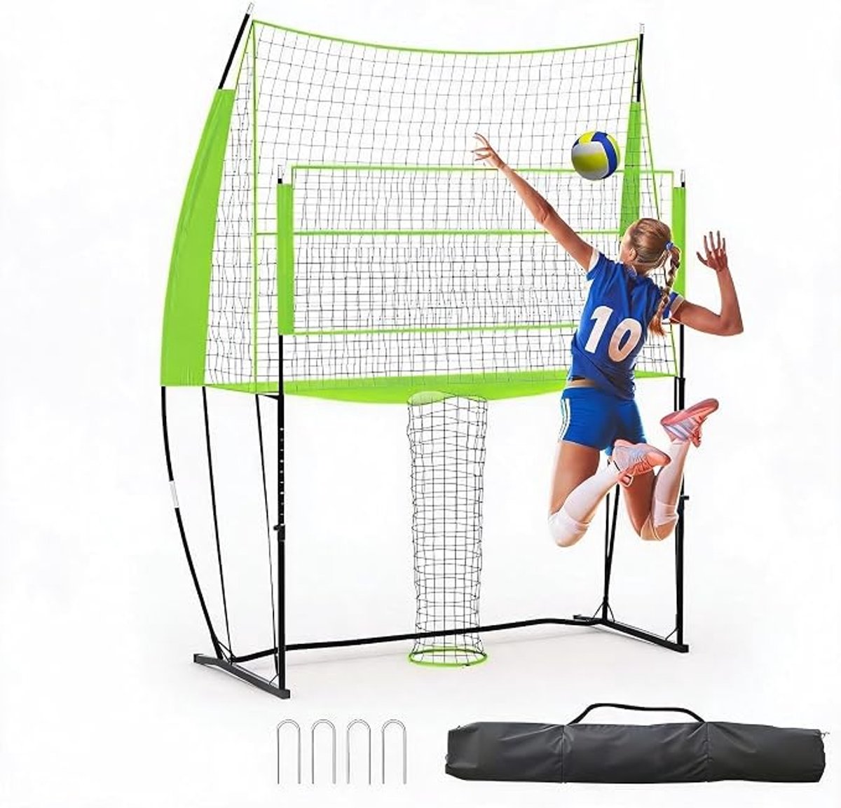 HOERFURIY 3-in-1 volleybaltrainingsnet set geel-zwart 8×11 ft – verstelbaar hoog-laag reboundernet, metaal en PE-net, afmetingen 243 × 107 × 335 cm