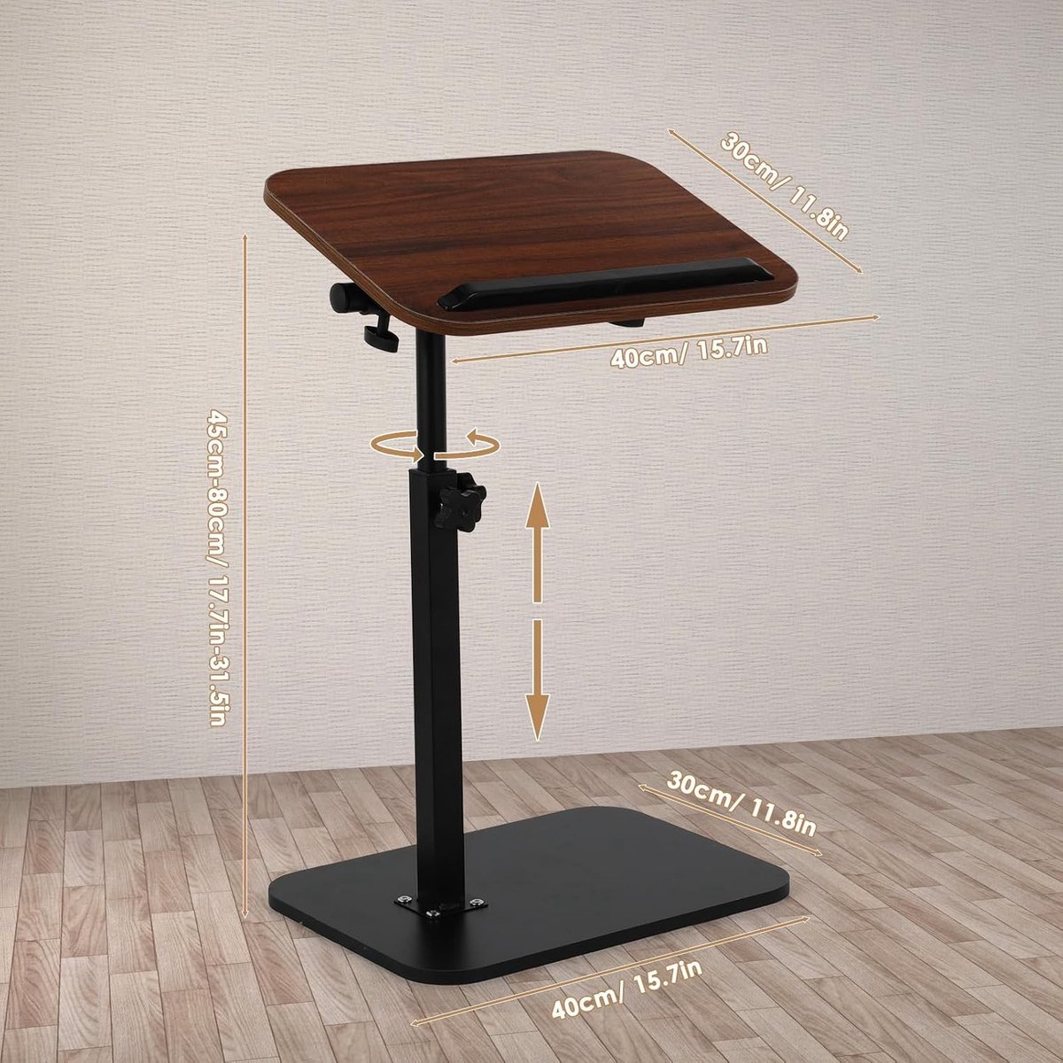 Compacte consoletafel - Walnoot bruin - Verstelbaar 45-80 cm - Houten blad met metalen frame - Multifunctioneel voor bank en bed