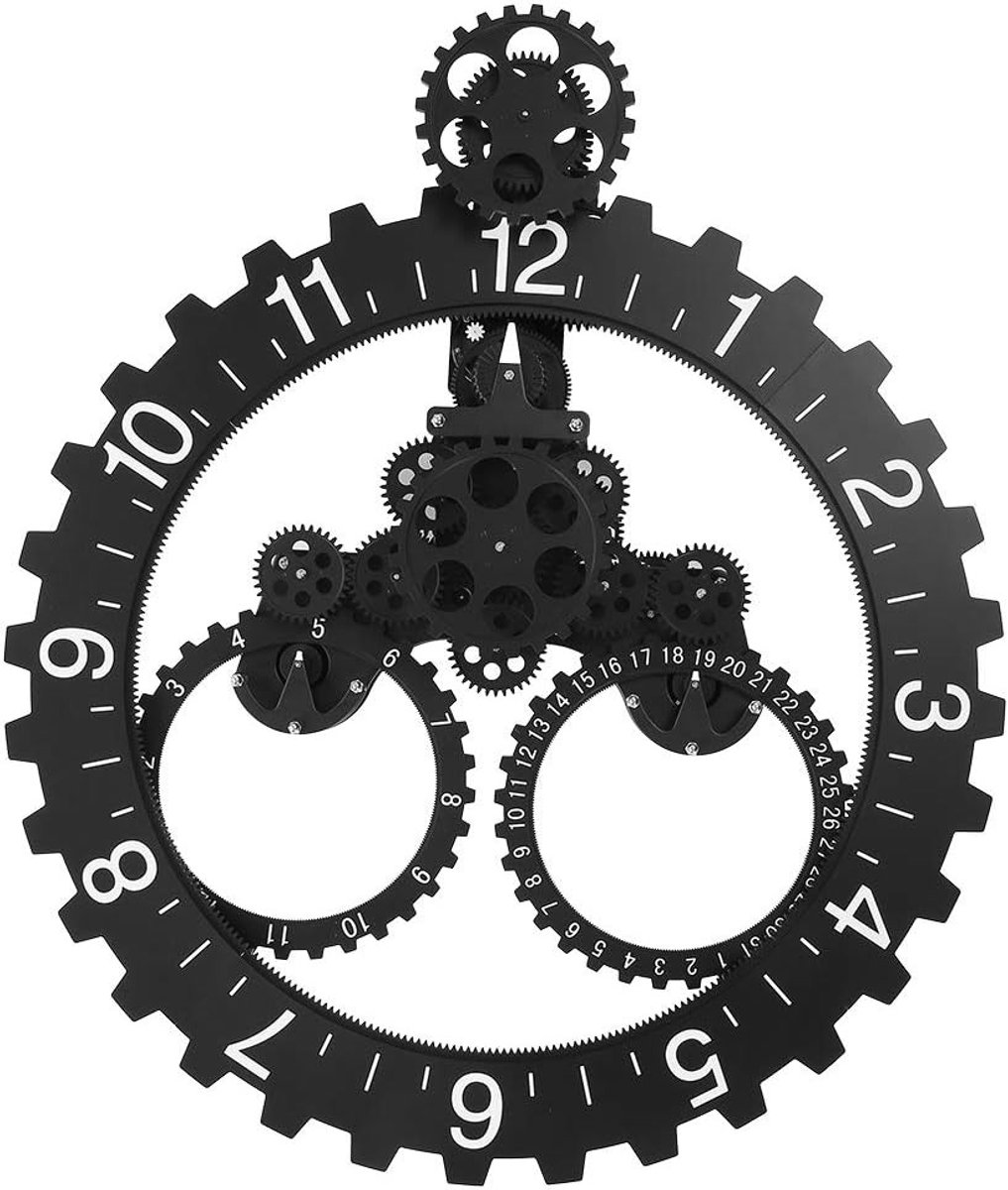 Moderne 3D Wanddecoratie met Rotating Gear en Kalender - Zwart Metaal voor Thuis en Kantoor, 55 x 67 x 12 cm, Quartz Beweging, Uniek Design