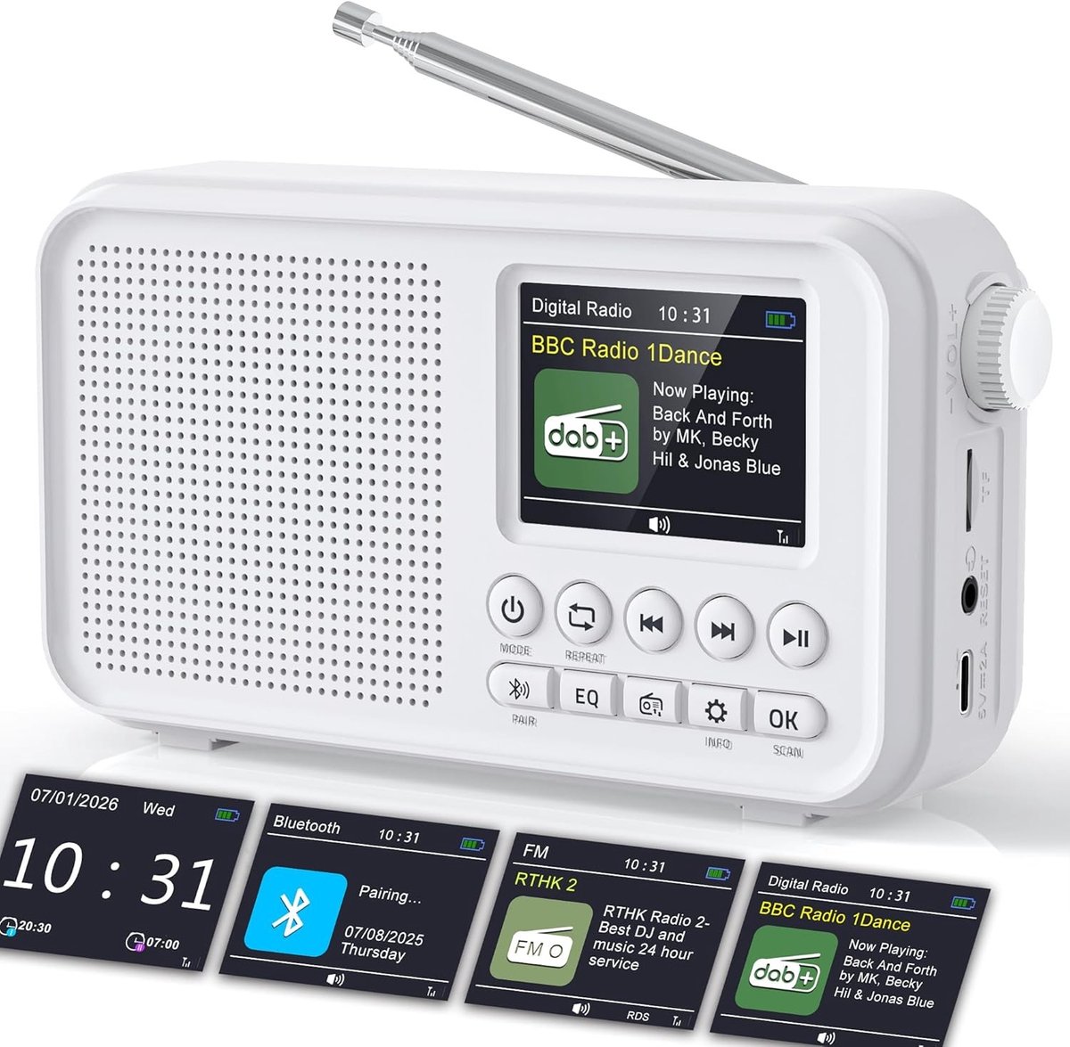 Draagbare DAB/DAB+ Radio - Wit - 17 x 5 x 9 cm - Met Accu en Bluetooth - Voor Thuis en Onderweg