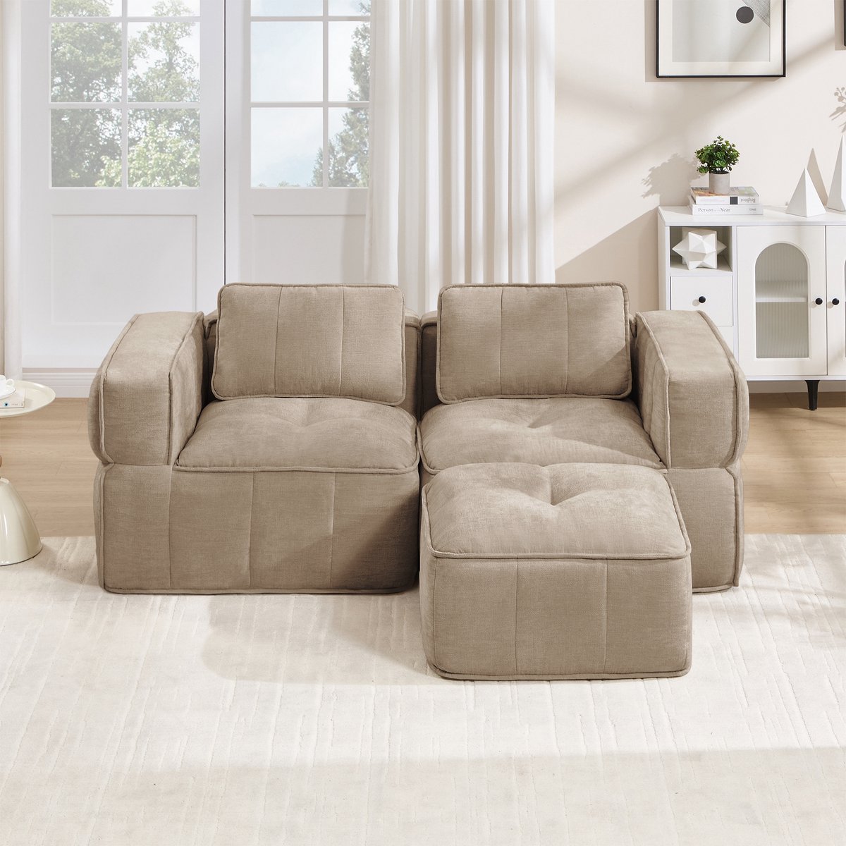 Woonkamer Hoekbank, L-Bank, 2-Zits bank, L-Vormige Modulaire Tweezitsbank Zonder Frame Met Voetenbank, 32D Schuim Met Hoge Dichtheid, Diepe Zitting, Huidvriendelijke Stof, Antislip, Voor Woonkamers En Appartementen-Sand