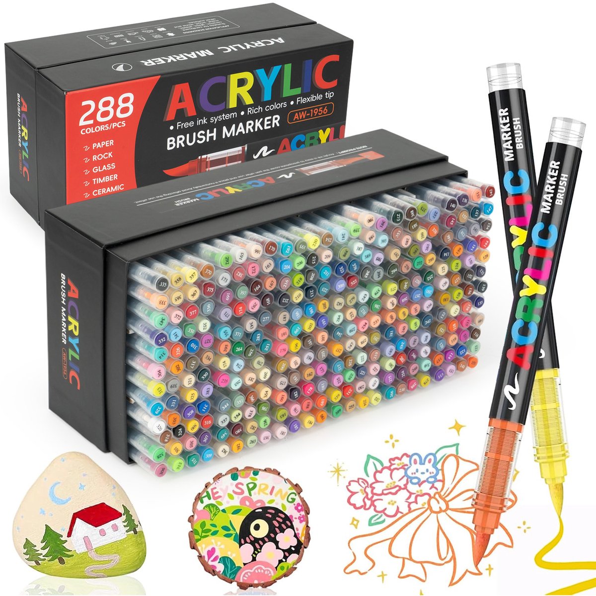 Acrylmarkers - Paint Markers Set 288 Kleuren - Flexibele Penseelpunt 1-5 mm - Sneldrogende Waterbestendige Acrylinkt - Direct Inktsysteem - Voor Hout, Steen, Glas, Keramiek, Stof, Kunststof en DIY