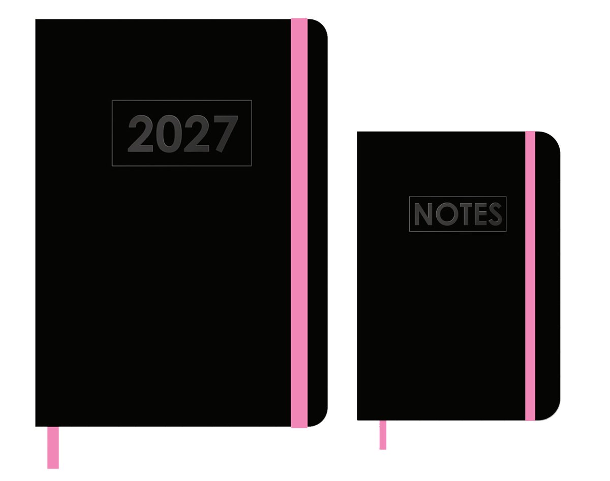 MGPcards - A5 Agenda 2027 - Weekoverzicht 1w/2p - Zwart + Roze elastiek - 14,8 x 21 cm + Notitieboekje/opschrijfboekje - gelinieerd - 80 pagina's - A6 - Zwart